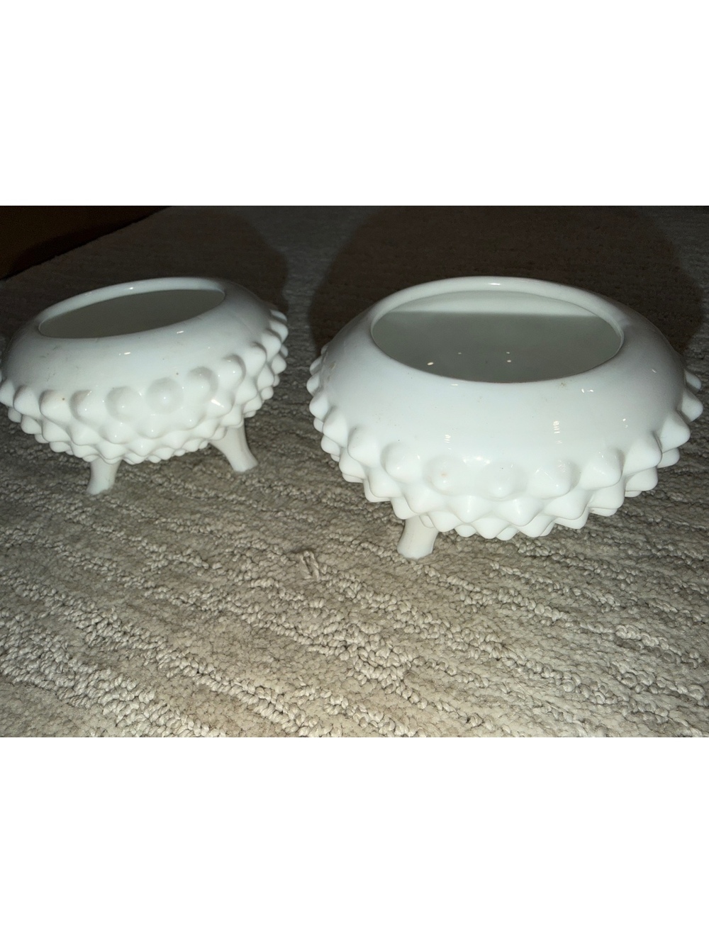 Pair of white milk glass hobnail footed bowls
